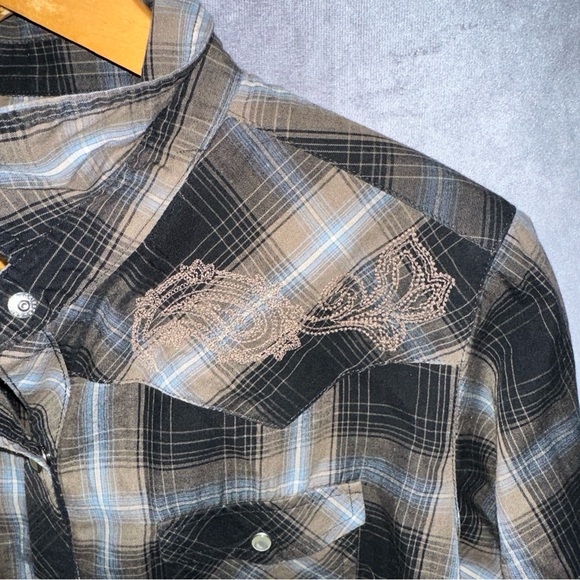 Bit and Bridle Women’s Shirt L Large Pearl Snap Flannel Long Western Plaid Black - Picture 4 of 8